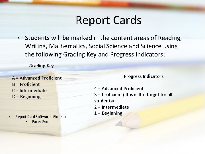 Report Cards • Students will be marked in the content areas of Reading, Writing,