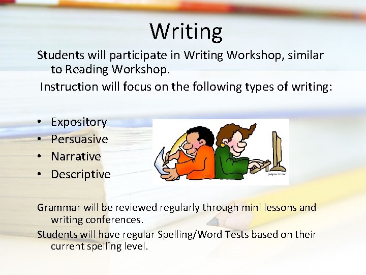 Writing Students will participate in Writing Workshop, similar to Reading Workshop. Instruction will focus