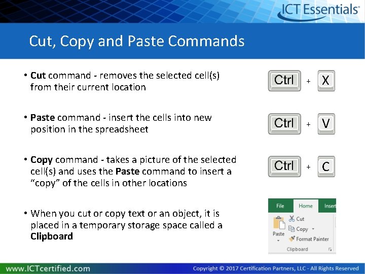 Cut, Copy and Paste Commands • Cut command - removes the selected cell(s) from