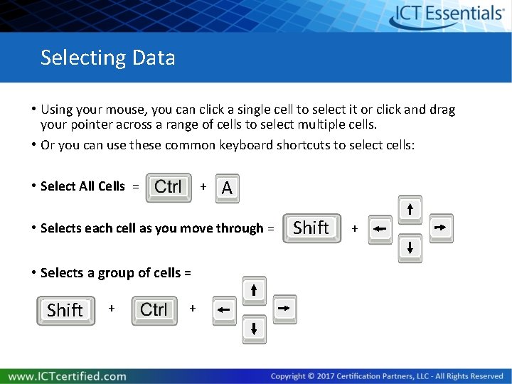 Selecting Data • Using your mouse, you can click a single cell to select