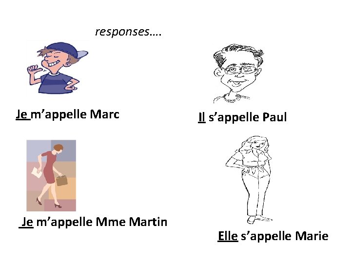 responses…. Je m’appelle Marc Je m’appelle Mme Martin Il s’appelle Paul Elle s’appelle Marie