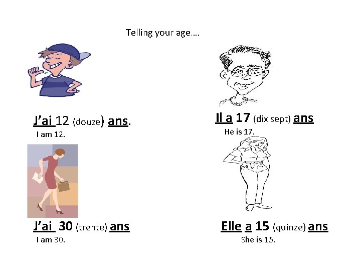 Telling your age…. J’ai 12 (douze) ans. I am 12. J’ai 30 (trente) ans