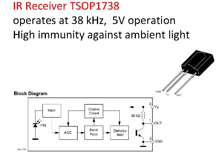 IR Receiver TSOP 1738 operates at 38 k. Hz, 5 V operation High immunity