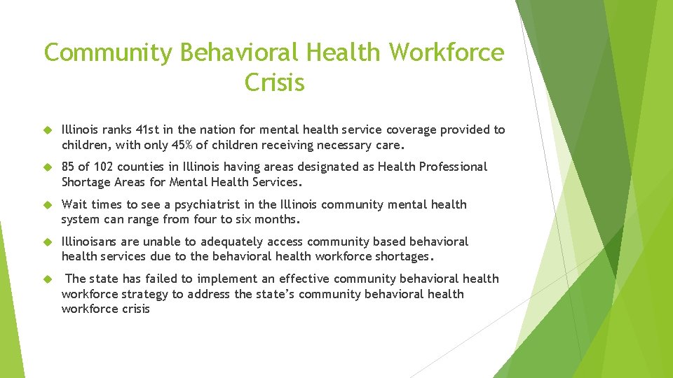 Community Behavioral Health Workforce Crisis Illinois ranks 41 st in the nation for mental