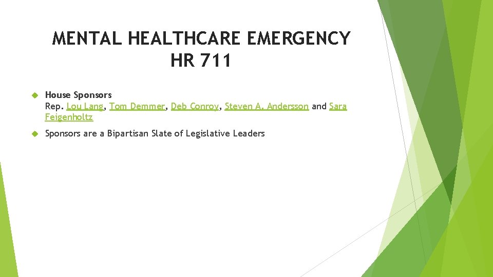 MENTAL HEALTHCARE EMERGENCY HR 711 House Sponsors Rep. Lou Lang, Tom Demmer, Deb Conroy,