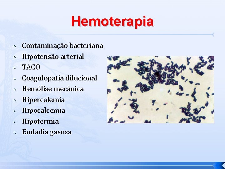 Hemoterapia Contaminação bacteriana Hipotensão arterial TACO Coagulopatia dilucional Hemólise mecânica Hipercalemia Hipocalcemia Hipotermia Embolia