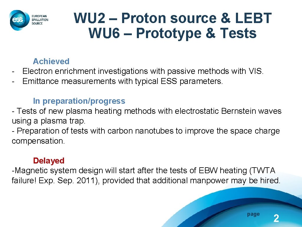 WU 2 – Proton source & LEBT WU 6 – Prototype & Tests Achieved