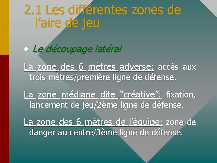 2. 1 Les différentes zones de l’aire de jeu • Le découpage latéral La