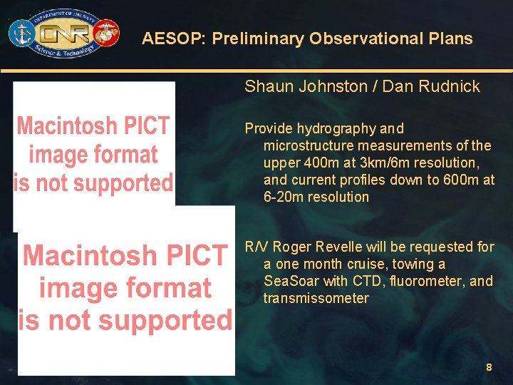 AESOP: Preliminary Observational Plans Shaun Johnston / Dan Rudnick Provide hydrography and microstructure measurements