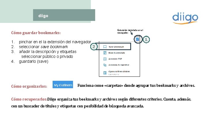 diigo Extensión instalada en el navegador Cómo guardar bookmarks: 1. 2. 3. 4. pinchar