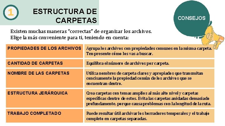 ESTRUCTURA DE CARPETAS CONSEJOS Existen muchas maneras “correctas” de organizar los archivos. Elige la