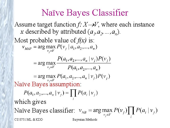Naïve Bayes Classifier Assume target function f: X V, where each instance x described