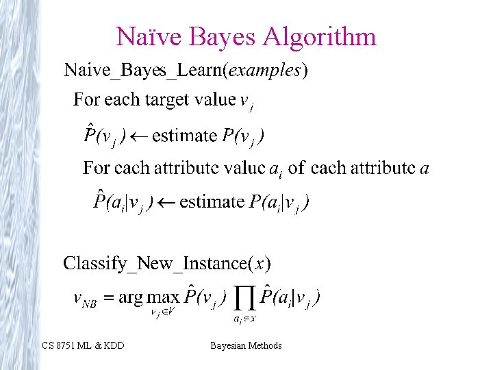 Naïve Bayes Algorithm CS 8751 ML & KDD Bayesian Methods 