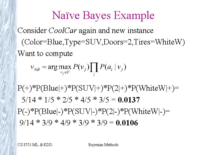 Naïve Bayes Example Consider Cool. Car again and new instance (Color=Blue, Type=SUV, Doors=2, Tires=White.