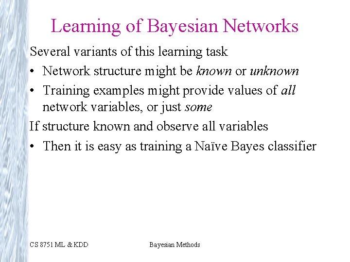 Learning of Bayesian Networks Several variants of this learning task • Network structure might