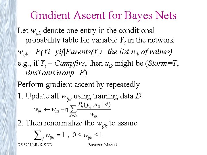 Gradient Ascent for Bayes Nets Let wijk denote one entry in the conditional probability