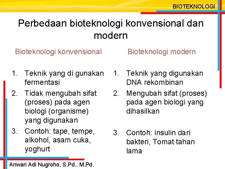 BIOTEKNOLOGI Perbedaan bioteknologi konvensional dan modern Bioteknologi konvensional Bioteknologi modern 1. Teknik yang di