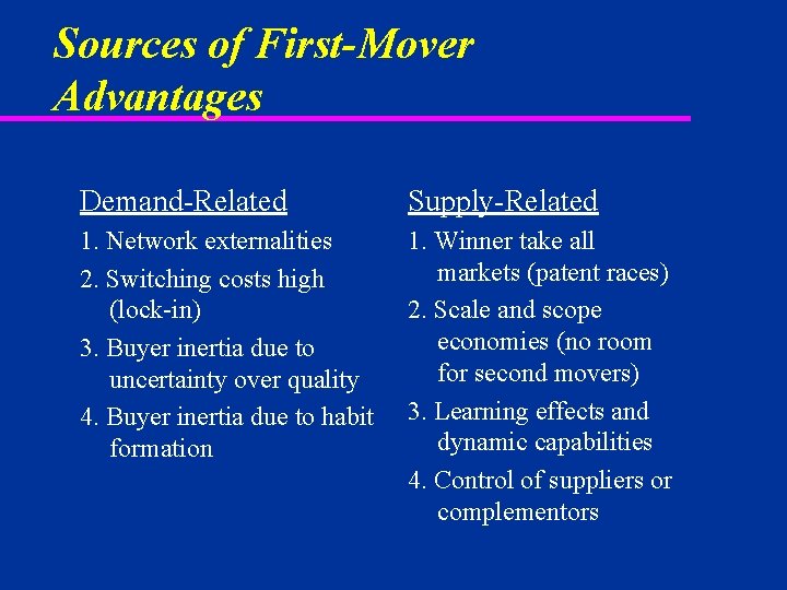 Sources of First-Mover Advantages Demand-Related Supply-Related 1. Network externalities 2. Switching costs high (lock-in)