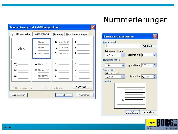 Nummerierungen 12/29 Internet 