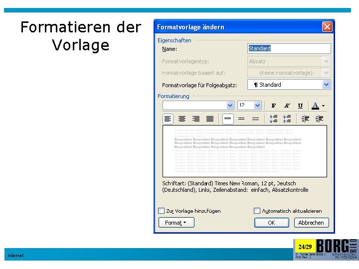 Formatieren der Vorlage 24/29 Internet 