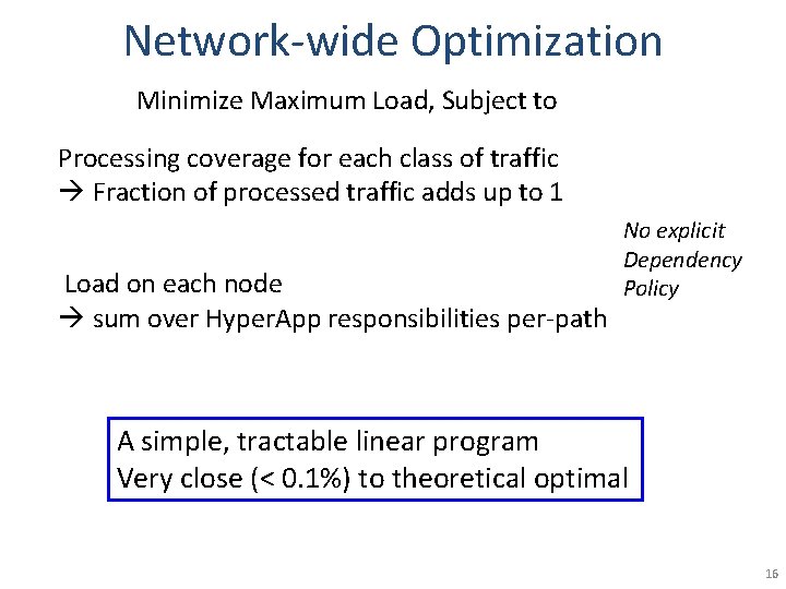 Network-wide Optimization Minimize Maximum Load, Subject to Processing coverage for each class of traffic Network-wide Optimization Minimize Maximum Load, Subject to Processing coverage for each class of traffic