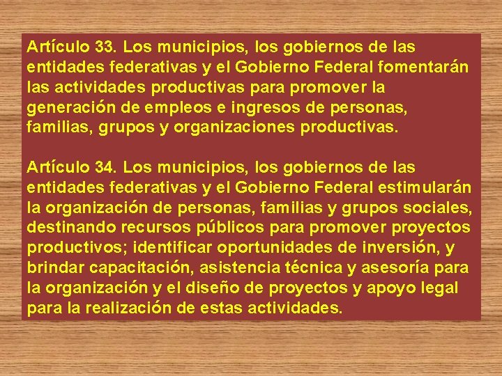 Artículo 33. Los municipios, los gobiernos de las entidades federativas y el Gobierno Federal
