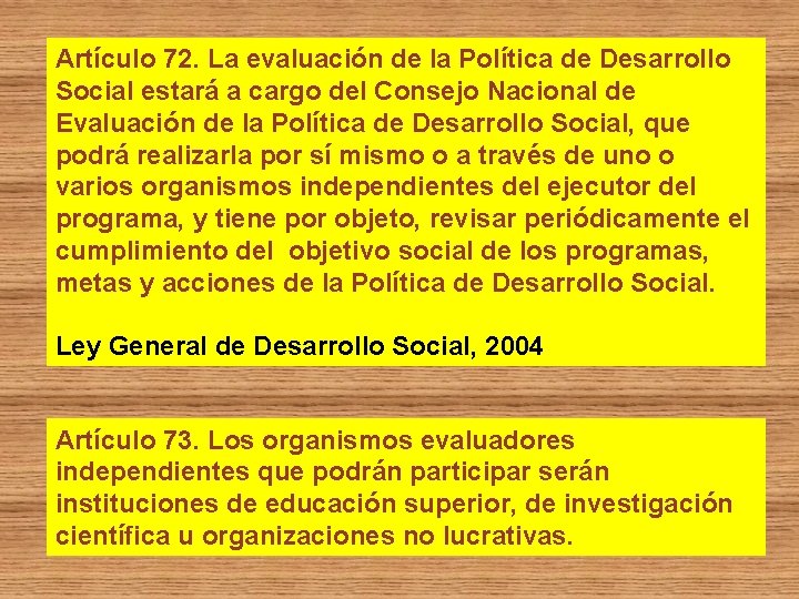 Artículo 72. La evaluación de la Política de Desarrollo Social estará a cargo del