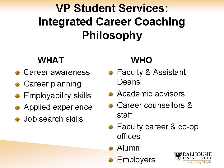VP Student Services: Integrated Career Coaching Philosophy WHAT Career awareness Career planning Employability skills