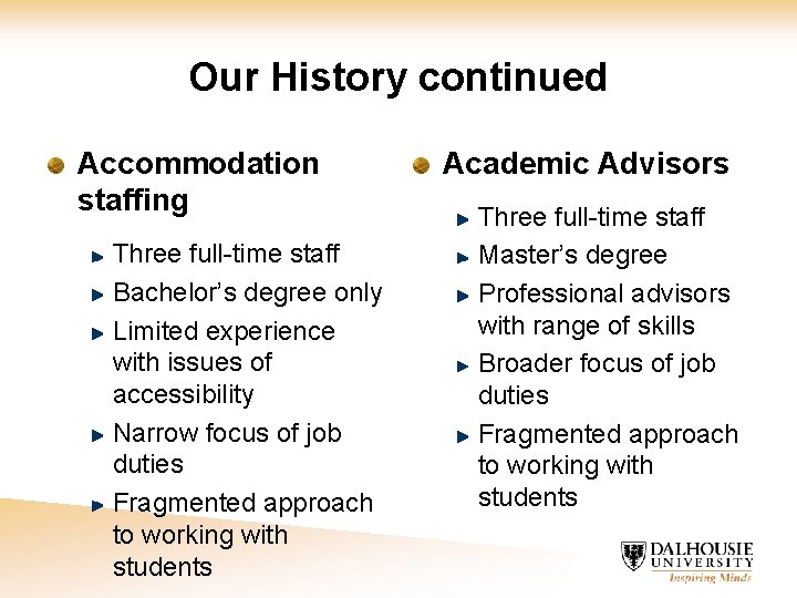 Our History continued Accommodation staffing Three full-time staff Bachelor’s degree only Limited experience with