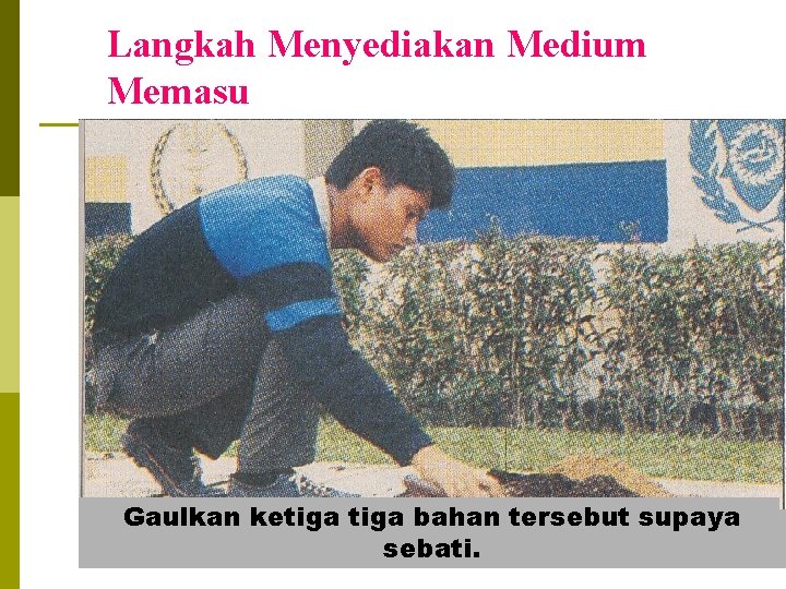 Langkah Menyediakan Medium Memasu Sediakan bahan yang sesuai Sukat Gaulkan bahan ketiga mengikut tiga