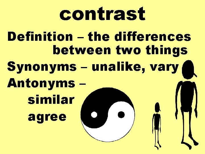 contrast Definition – the differences between two things Synonyms – unalike, vary Antonyms –