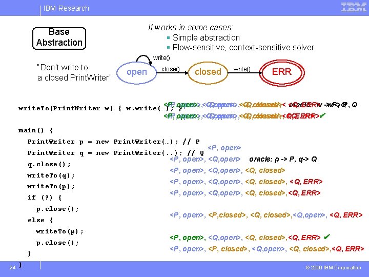 IBM Research It works in some cases: § Simple abstraction § Flow-sensitive, context-sensitive solver