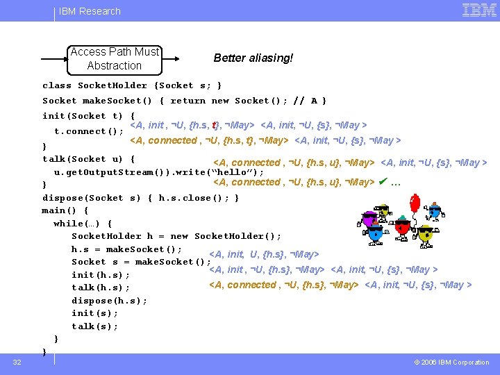 IBM Research Access Path Must Abstraction Better aliasing! class Socket. Holder {Socket s; }