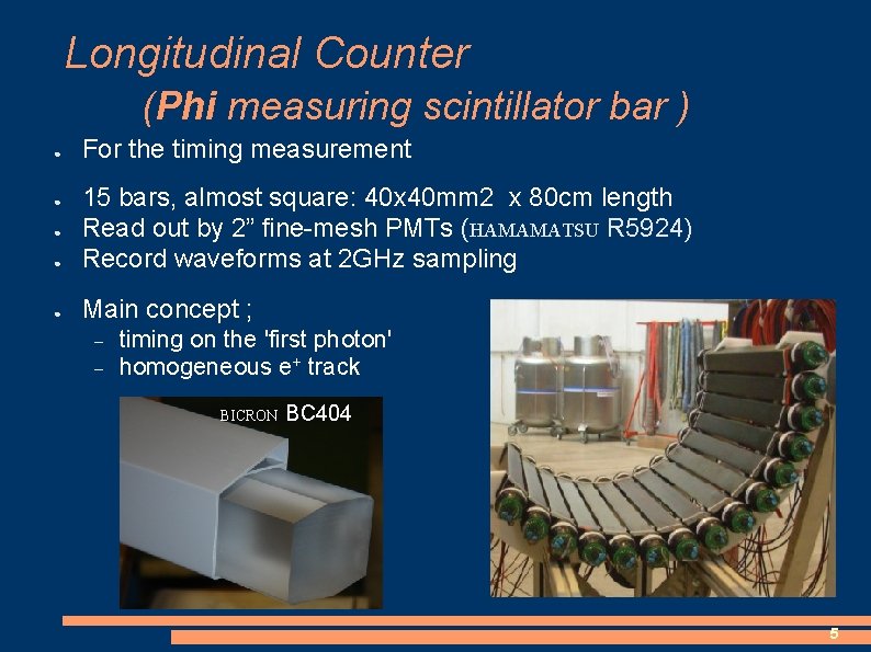 Longitudinal Counter (Phi measuring scintillator bar ) ● For the timing measurement ● 15