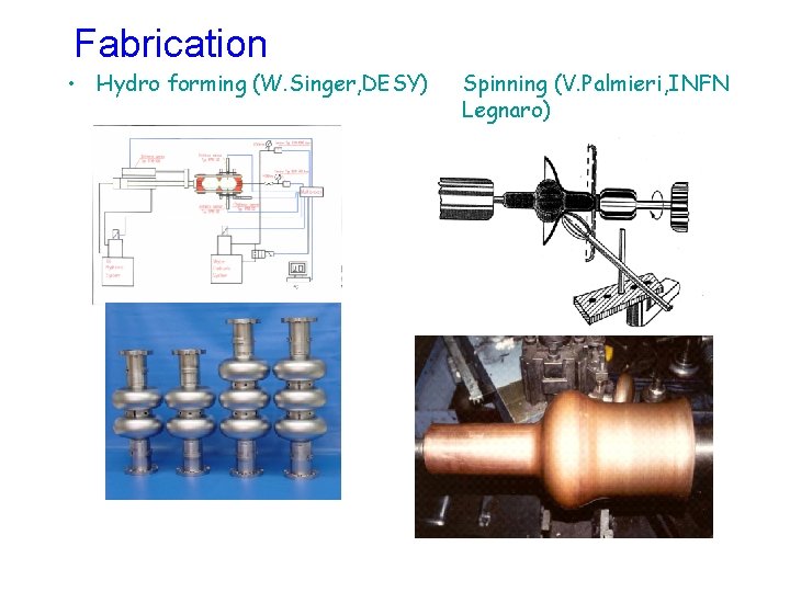 Fabrication • Hydro forming (W. Singer, DESY) Spinning (V. Palmieri, INFN Legnaro) 