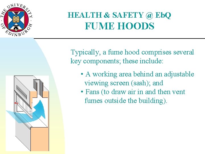 HEALTH & SAFETY @ Eb. Q FUME HOODS Typically, a fume hood comprises several