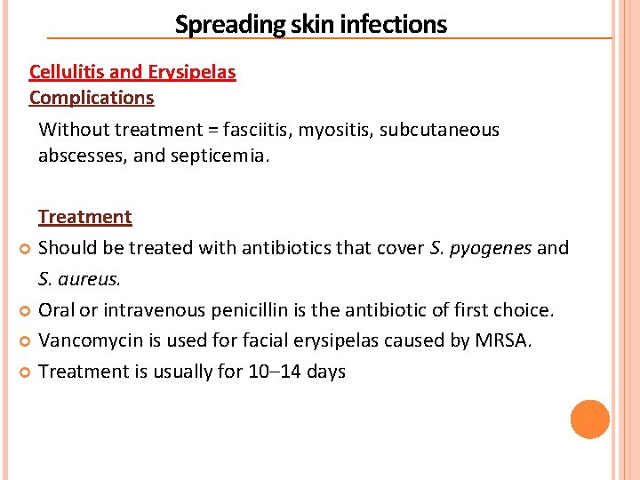 Spreading skin infections Cellulitis and Erysipelas Complications Without treatment = fasciitis, myositis, subcutaneous abscesses, Spreading skin infections Cellulitis and Erysipelas Complications Without treatment = fasciitis, myositis, subcutaneous abscesses,