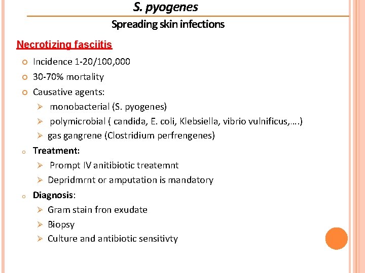 S. pyogenes Spreading skin infections Necrotizing fasciitis Incidence 1 -20/100, 000 30 -70% mortality S. pyogenes Spreading skin infections Necrotizing fasciitis Incidence 1 -20/100, 000 30 -70% mortality