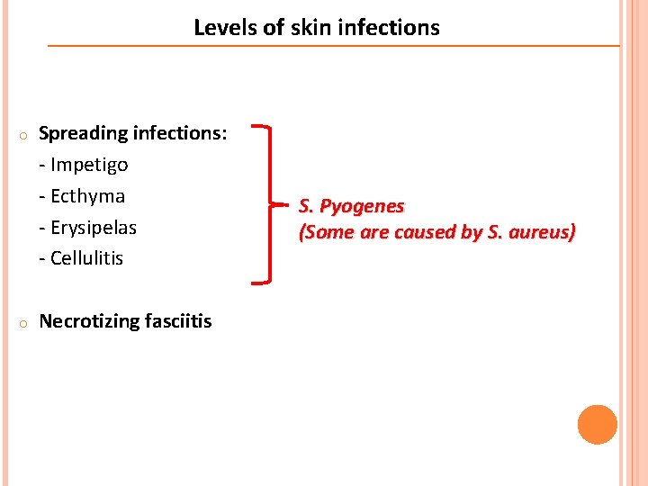 Levels of skin infections o o Spreading infections: - Impetigo - Ecthyma - Erysipelas Levels of skin infections o o Spreading infections: - Impetigo - Ecthyma - Erysipelas