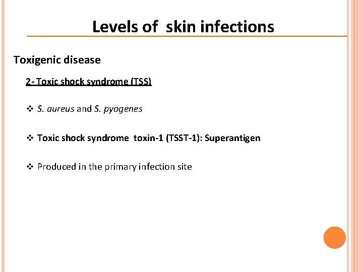 Levels of skin infections Toxigenic disease 2 - Toxic shock syndrome (TSS) v S. Levels of skin infections Toxigenic disease 2 - Toxic shock syndrome (TSS) v S.