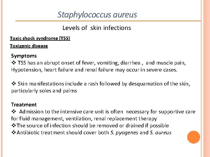 Staphylococcus aureus Levels of skin infections Toxic shock syndrome (TSS) Toxigenic disease Symptoms v Staphylococcus aureus Levels of skin infections Toxic shock syndrome (TSS) Toxigenic disease Symptoms v