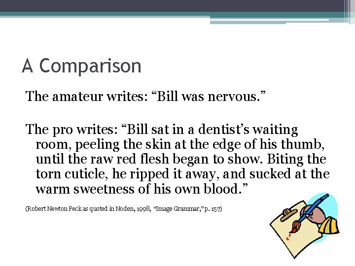 A Comparison The amateur writes: “Bill was nervous. ” The pro writes: “Bill sat