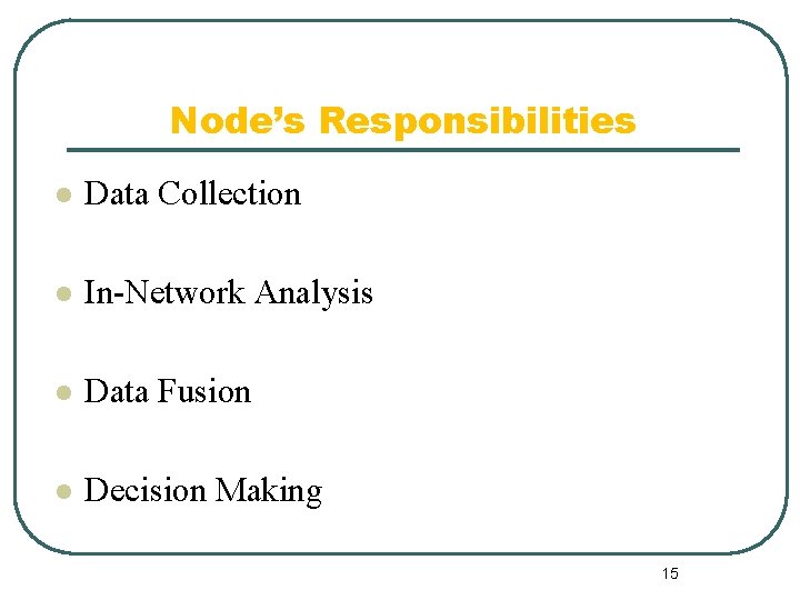 Node’s Responsibilities l Data Collection l In-Network Analysis l Data Fusion l Decision Making