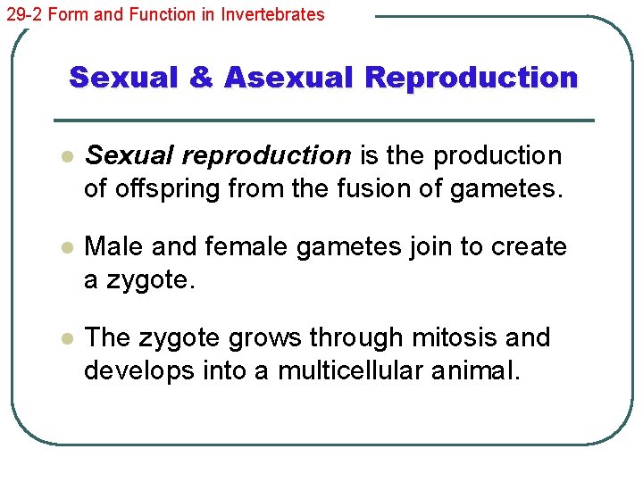 29 -2 Form and Function in Invertebrates Sexual & Asexual Reproduction l Sexual reproduction