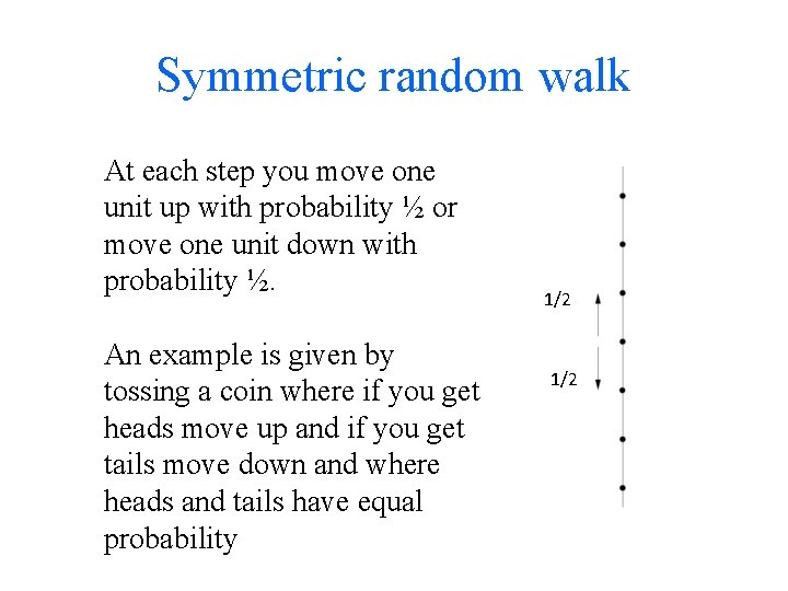 Symmetric random walk At each step you move one unit up with probability ½