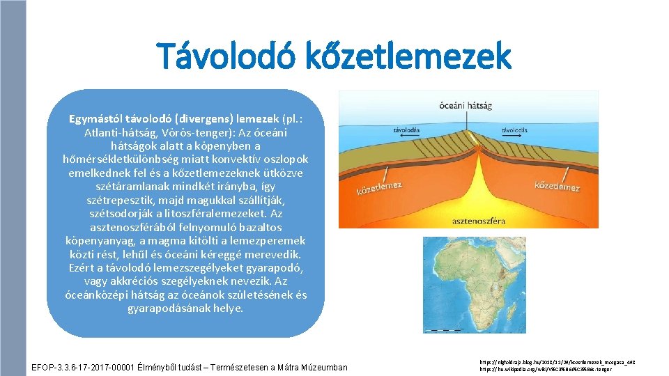 Távolodó kőzetlemezek Egymástól távolodó (divergens) lemezek (pl. : Atlanti-hátság, Vörös-tenger): Az óceáni hátságok alatt