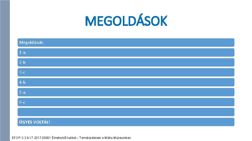 MEGOLDÁSOK Megoldások: 1 -a 2 -b 3 -c 4 -b 5 -a 6 -c