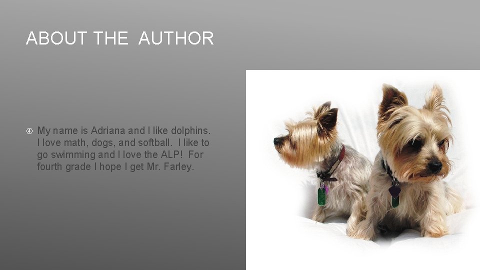 ABOUT THE AUTHOR My name is Adriana and I like dolphins. I love math,