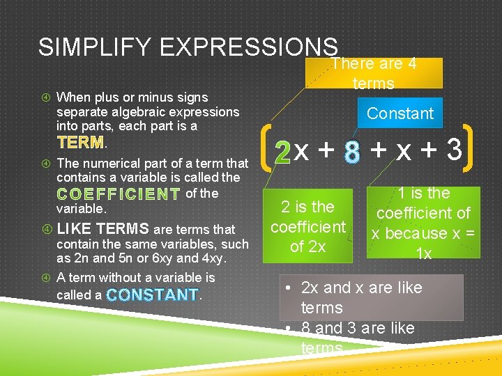 SIMPLIFY EXPRESSIONS When plus or minus signs separate algebraic expressions into parts, each part SIMPLIFY EXPRESSIONS When plus or minus signs separate algebraic expressions into parts, each part