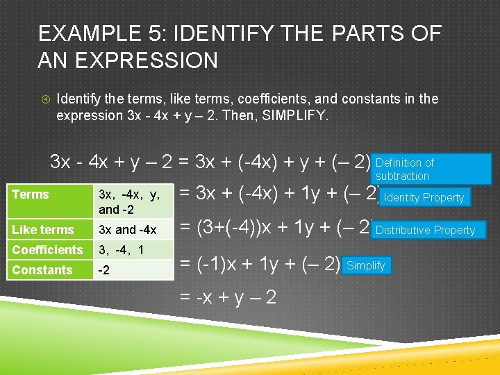 EXAMPLE 5: IDENTIFY THE PARTS OF AN EXPRESSION Identify the terms, like terms, coefficients, EXAMPLE 5: IDENTIFY THE PARTS OF AN EXPRESSION Identify the terms, like terms, coefficients,